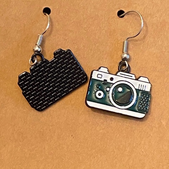Retro Camera Earrings with Green and white Accents - Picture 3 of 4